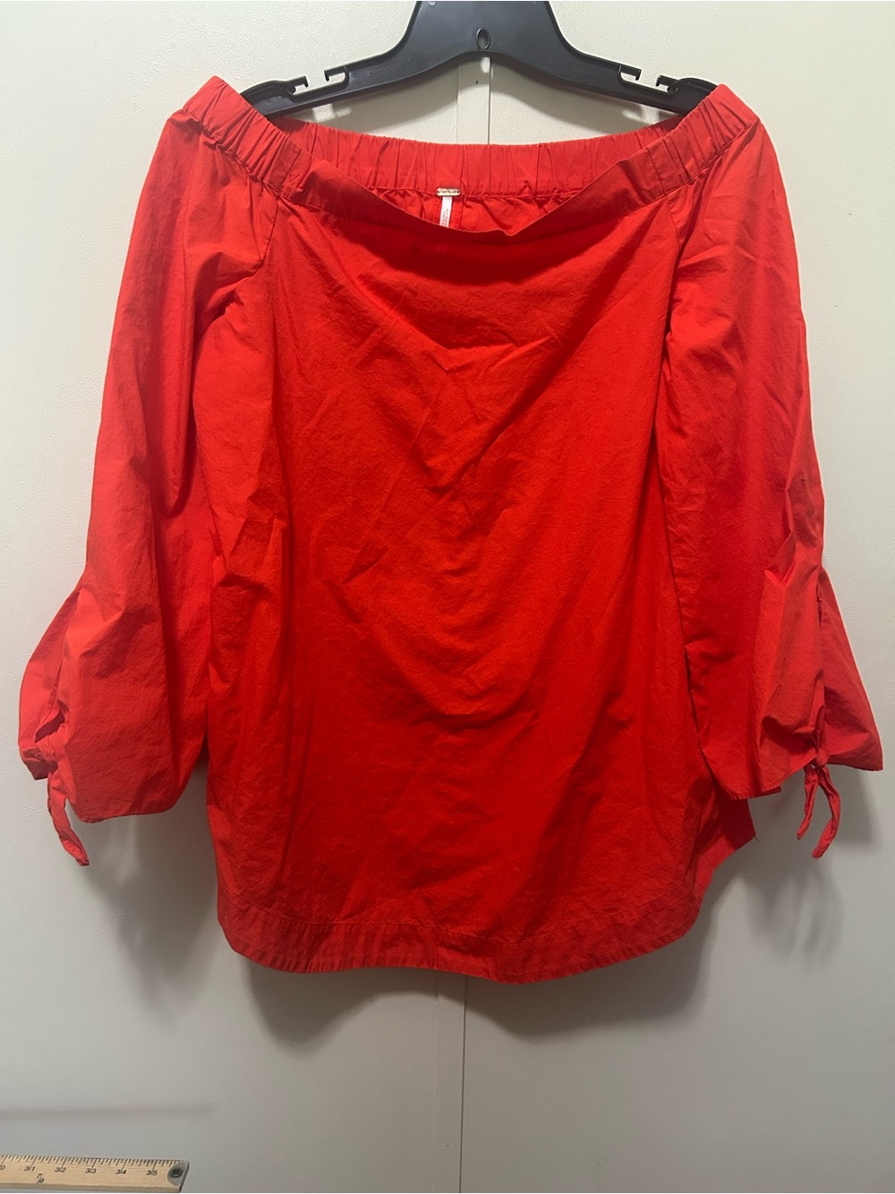 Free People Bright Red Off-Shoulder Blouse with Tie Sleeves